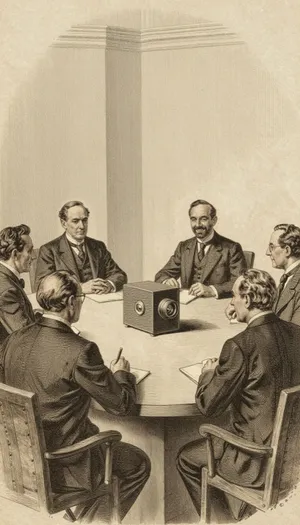 Grabado: ejecutivos alrededor de una mesa miran la cámara