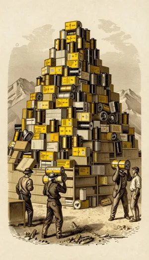 Grabado: una montaña de cajas de rollos amarillos